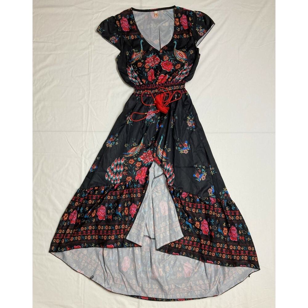 Youboya Knee Length Dress Women's Medium Black Floral V-Neck